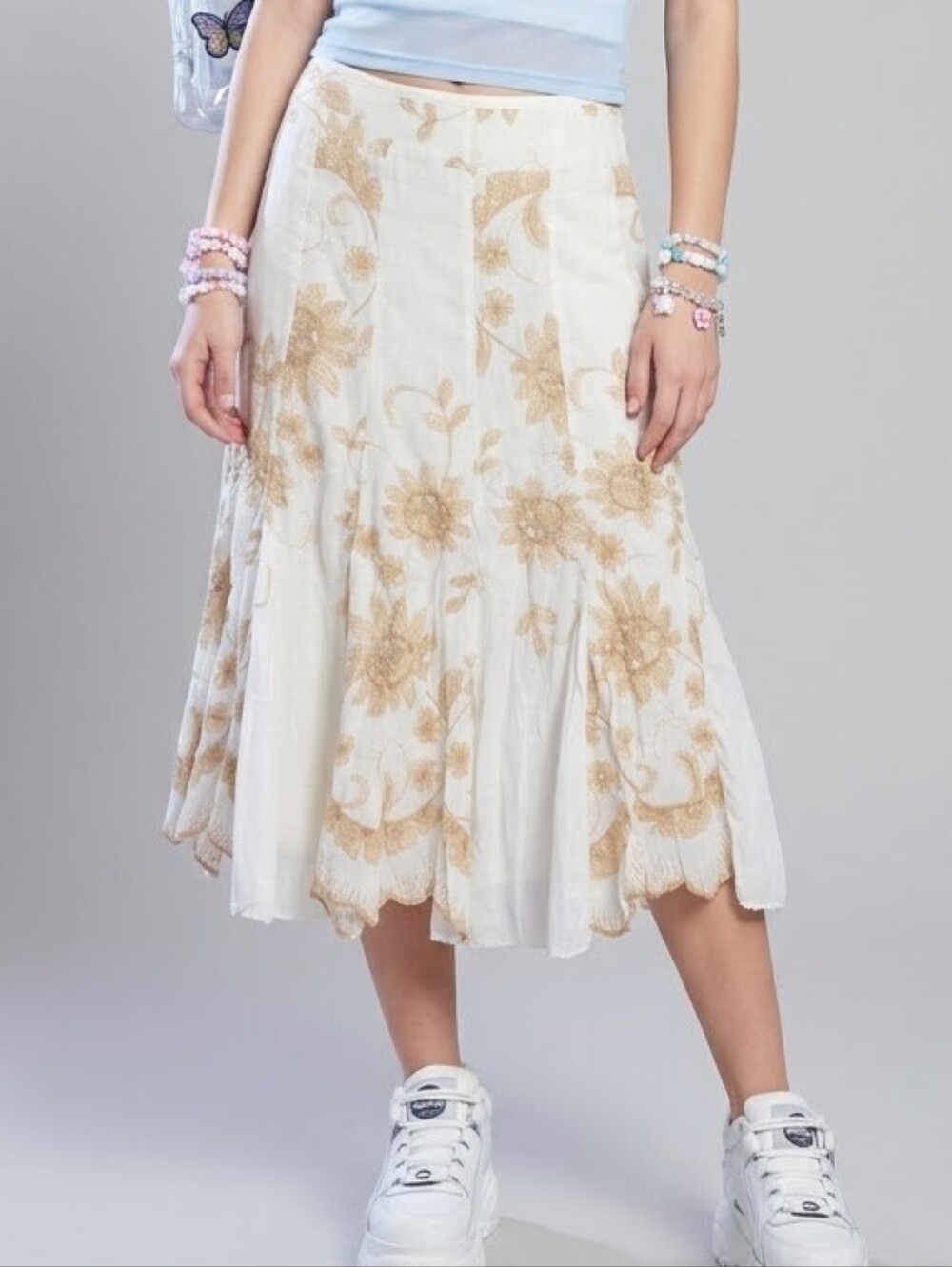 Embroidered Boho White Skirt with Gold Floral Detail